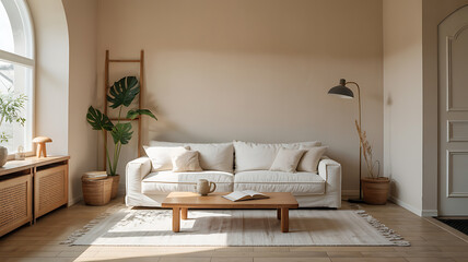 Simple, light-filled living room with a neutral color palette.
