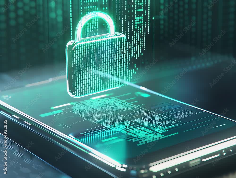 Poster smartphone security with a digital padlock symbolizing data protection. the image features a modern 