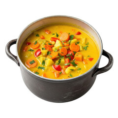 Hearty vegetable stew in pot isolated on transparent background