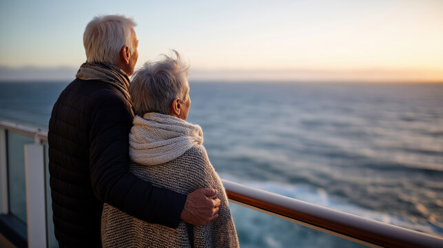 Elderly caucasian couple enjoying ocean sunset on cruise ship deck