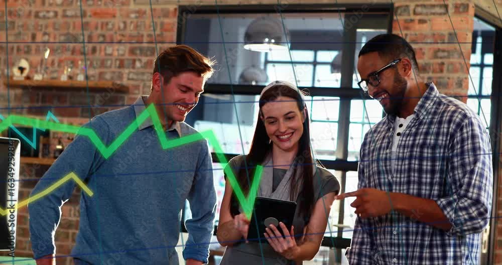 Poster three professionals in business office viewing tablet as colorful line graphs animating data trends