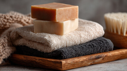 Handmade soap bar stacked on folded cotton towels atop a wooden tray, perfect for promoting spa services, wellness products, eco-friendly skincare, or bathroom decor concepts