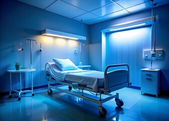 Empty hospital room illuminated by blue and yellow lights with medical equipment