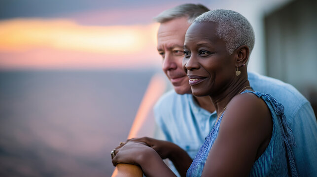 Mature african female and caucasian male enjoying sunset view on a balcony