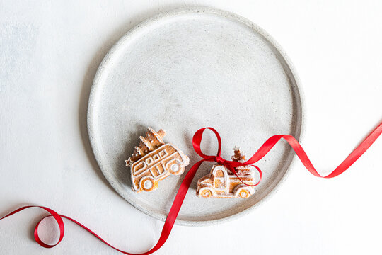 Festive gingerbread cookies with ribbon accent