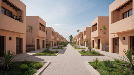 Naklejka premium Row of light beige buildings, a paved walkway, and landscaping. 