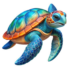 Vibrant colorful sea turtle with detailed scales isolated on transparent background