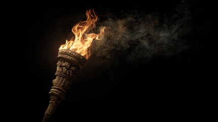 Torch with blazing fire against a dark background, ancient vibe