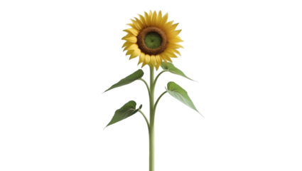 Single Sunflower with Green Stem Isolated on White Background