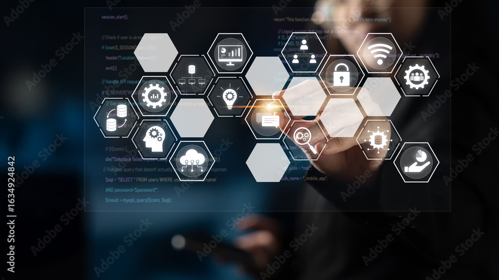 Poster hexagon interface combining ai, data, analytics, and cybersecurity. ai connects systems, data drives