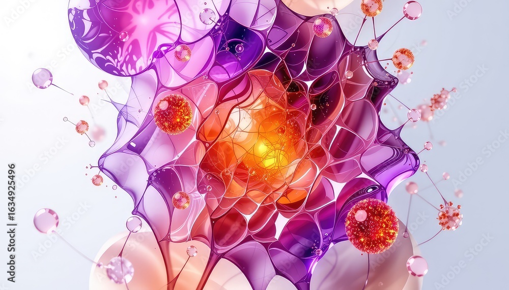 Poster abstract rendered artistic illustration with interconnected cellular structures and glowing orbs for