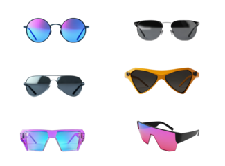 Five Sunglasses Styles Isolated on Transparent Background Blue Purple Pink Orange Black Gray Aviator Round Square