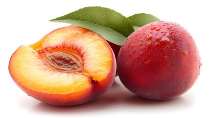 Two peaches one cut open with a pit and green leaves.