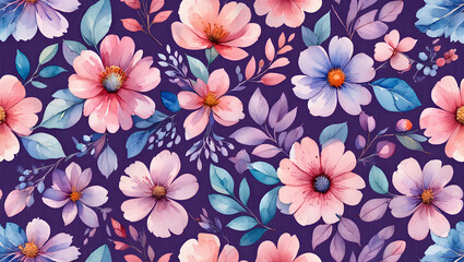 Romantic Watercolor Floral Seamless Pattern Pastel Pink, Purple, and Blue Flowers on Deep Purple Background.