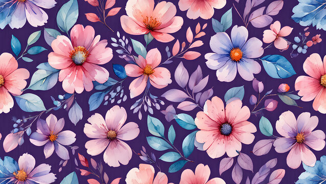 Romantic Watercolor Floral Seamless Pattern Pastel Pink, Purple, and Blue Flowers on Deep Purple Background.