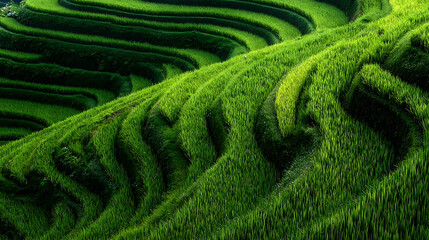 Fototapeta premium Lush green terraced rice fields in undulating patterns rice terraces agriculture