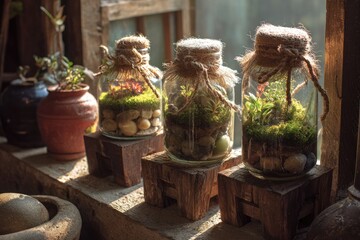 Three rustic glass terrariums, containing moss, small plants, and stones, sit on small wooden stands in sunlit window