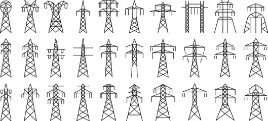 Diverse Power Transmission Towers, Electrical Infrastructure, Energy Supply, Utility Network, Engineering Designs, Grid Structures