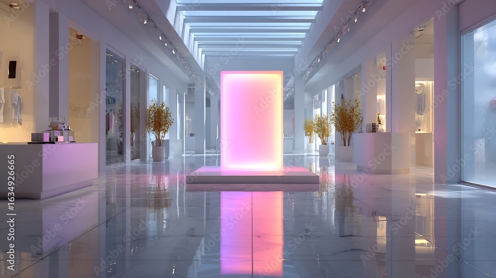 Aufkleber minimalist architectural design with a glowing rectangular structure and reflective surfaces