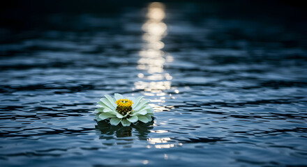 A delicate white Zinnia floating on a river, with dappled moonlight reflecting on the water. Pure and enchanting