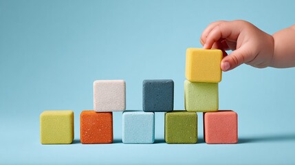 Child stacks colorful blocks against a blue background, showing learning, play, development, and creativity in a simple, appealing image.
