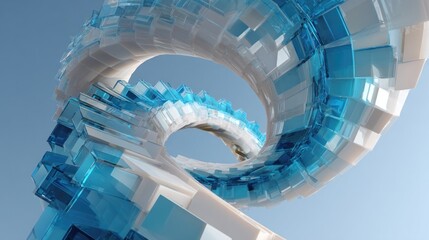 A stunning sculpture twists in the air, made of transparent and blue parts that reflect light for a captivating visual effect