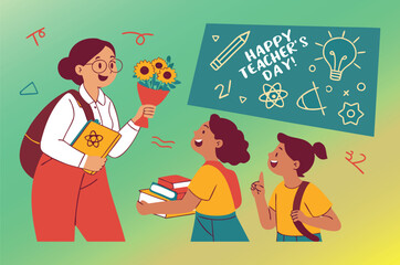 Children giving sunflowers and books to a teacher on Teachers Day student happy teachers day