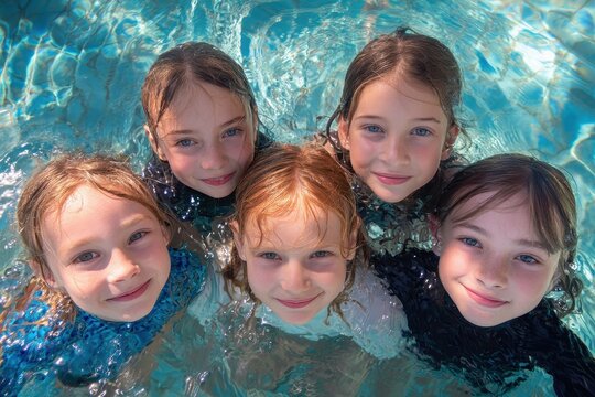Group of children enjoying fun time together in a swimming pool, creating memories and laughter during a sunny day