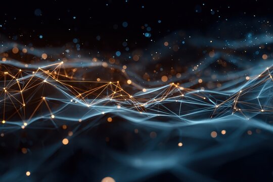 Dynamic digital network connection background showcasing abstract lines and glowing nodes in a vibrant virtual environment - Powered by Adobe