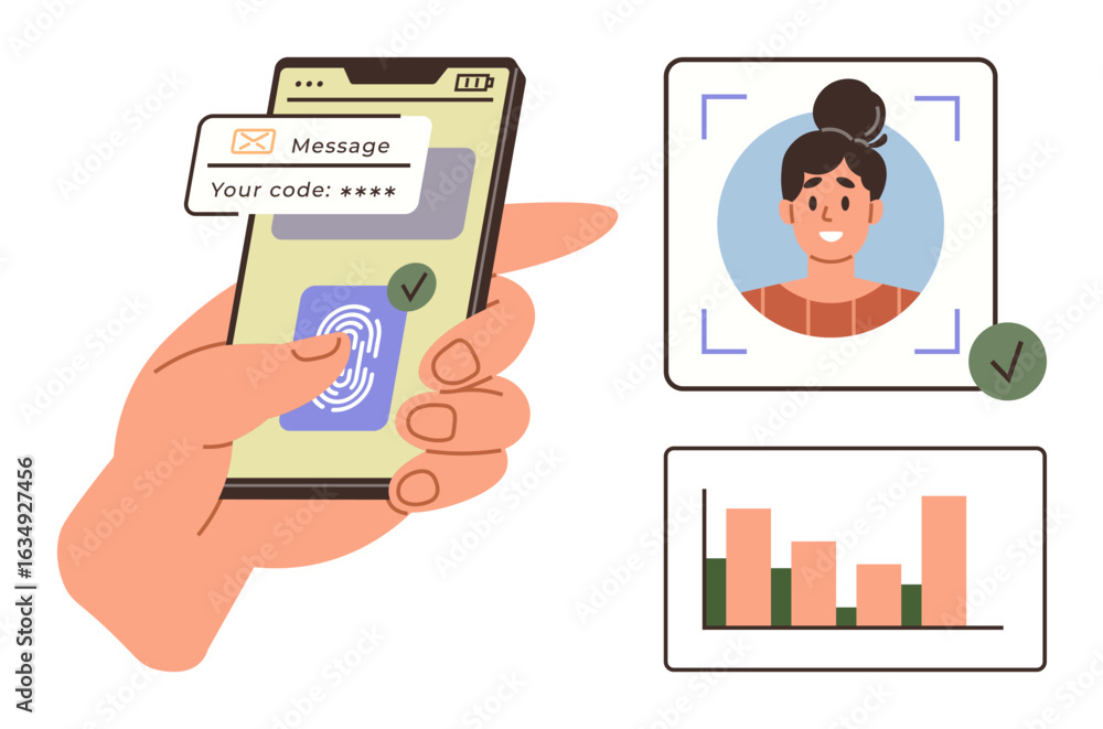 Poster hand holding smartphone with fingerprint scan, otp text, facial recognition, and data analytics. ide