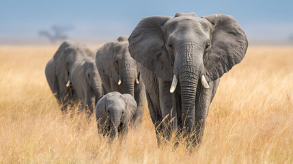 Fototapeta premium Majestic African elephants walking through golden savanna grasses under a clear blue sky herd grassland