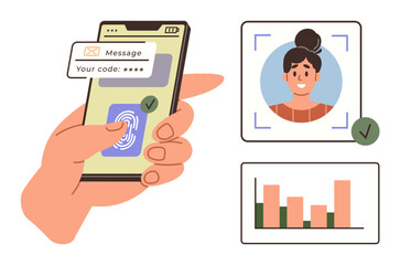 Hand holding smartphone with fingerprint scan, OTP text, facial recognition, and data analytics. Ideal for cybersecurity, online privacy, technology, secure login, identity verification mobile