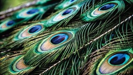 Obraz premium Vibrant close-up of peacock feathers showcasing iridescent eye patterns in blue, green, and gold hues