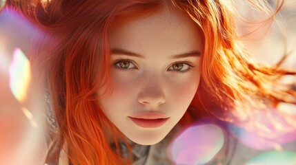 Obraz premium Portrait of a young woman with flowing red hair and bokeh effects beauty and lifestyle