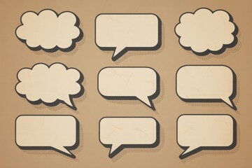 Fototapeta premium Collection of nine blank speech and thought bubbles on a brown background