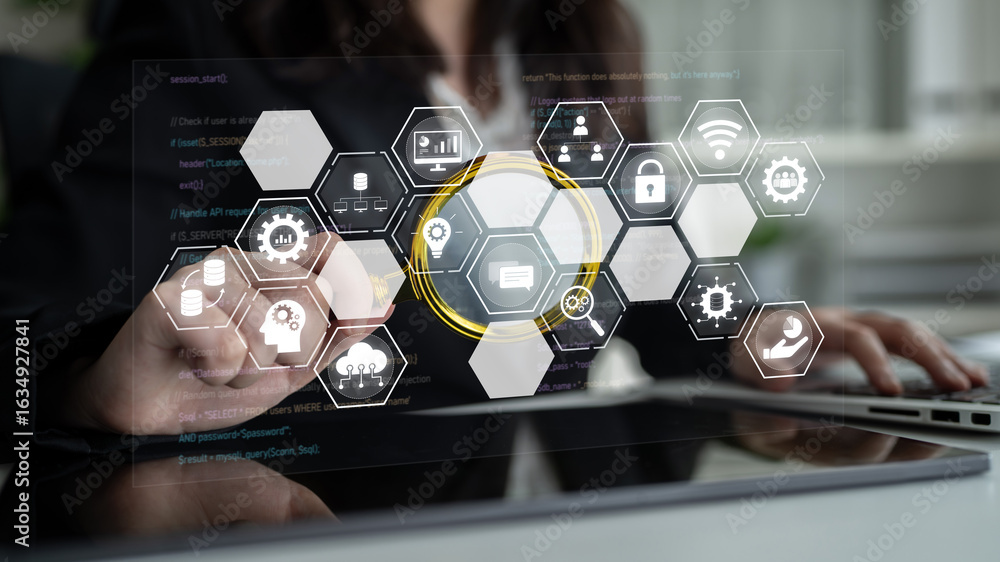 Aufkleber hexagon interface combining ai, data, analytics, and cybersecurity. ai connects systems, data drives