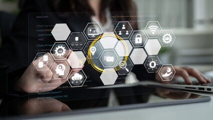 Hexagon interface combining AI, data, analytics, and cybersecurity. AI connects systems, data...
