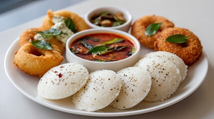A delicious plate of South Indian cuisine featuring idli, vada, and sambhar with fresh herbs.
