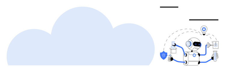 Robot performing cloud computing tasks, automating data analytics, securing systems, and making decisions. Ideal for AI integration, cloud solutions, automation, security, efficiency technology