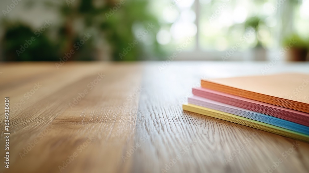 Poster stack of colorful craft papers on a wooden table background
