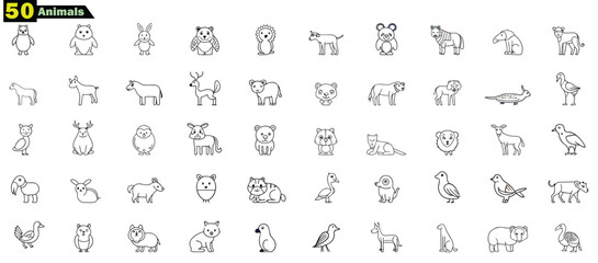 Collection of fifty simple black and white animal outline icons vector © Hafiz