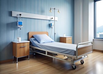 Empty hospital room with bed and medical equipment ready for patient care