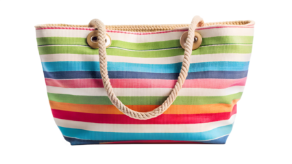 Vibrant striped canvas beach tote bag with rope handles isolated on transparent background