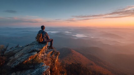 Obraz premium Silhouette of contemplative hiker enjoying dawn vista atop rocky mountain peak
