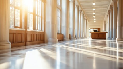 Architectural hall with marble floor and sunlight