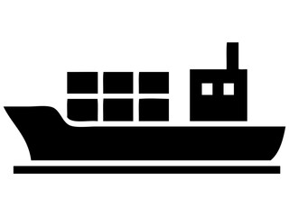 A minimalist black and white vector illustration of a cargo ship with stacked shipping containers on its deck. Ideal for use in logistics, transportation, or maritime-themed graphics.