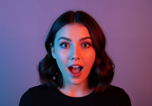 Expressive young woman's surprised face illuminated by dynamic dual-color light