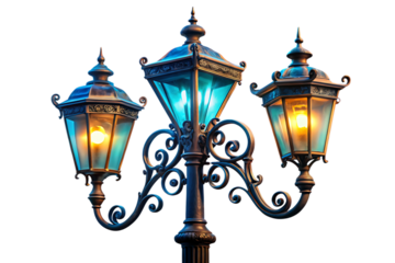 Ornate triple street lamp with bronze curves and glowing blue and yellow lights isolated on a transparent background
