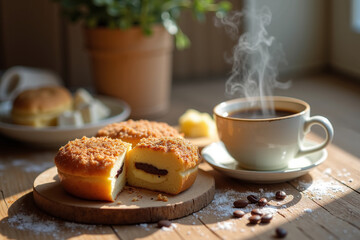 Freshly baked pastries and steaming coffee on wooden table  