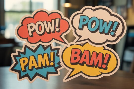 Colorful comic book style speech bubbles with action words